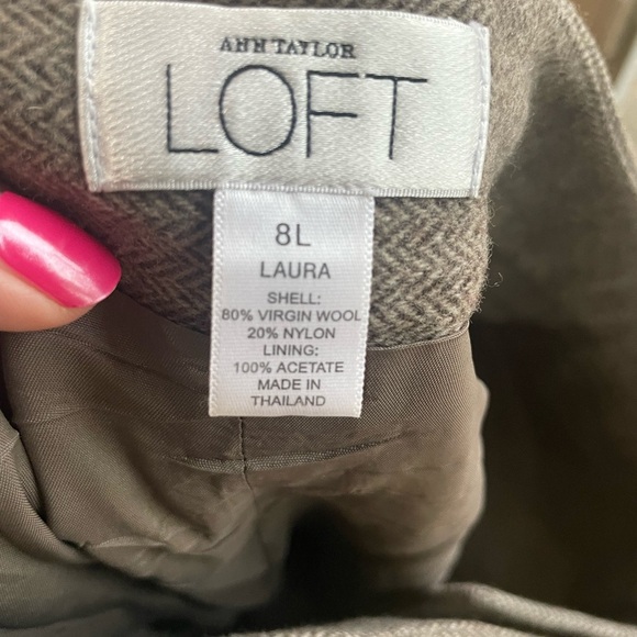 Ann Taylor Loft pant suit set brown herringbone virgin wool Laura size 8L long - Picture 6 of 9